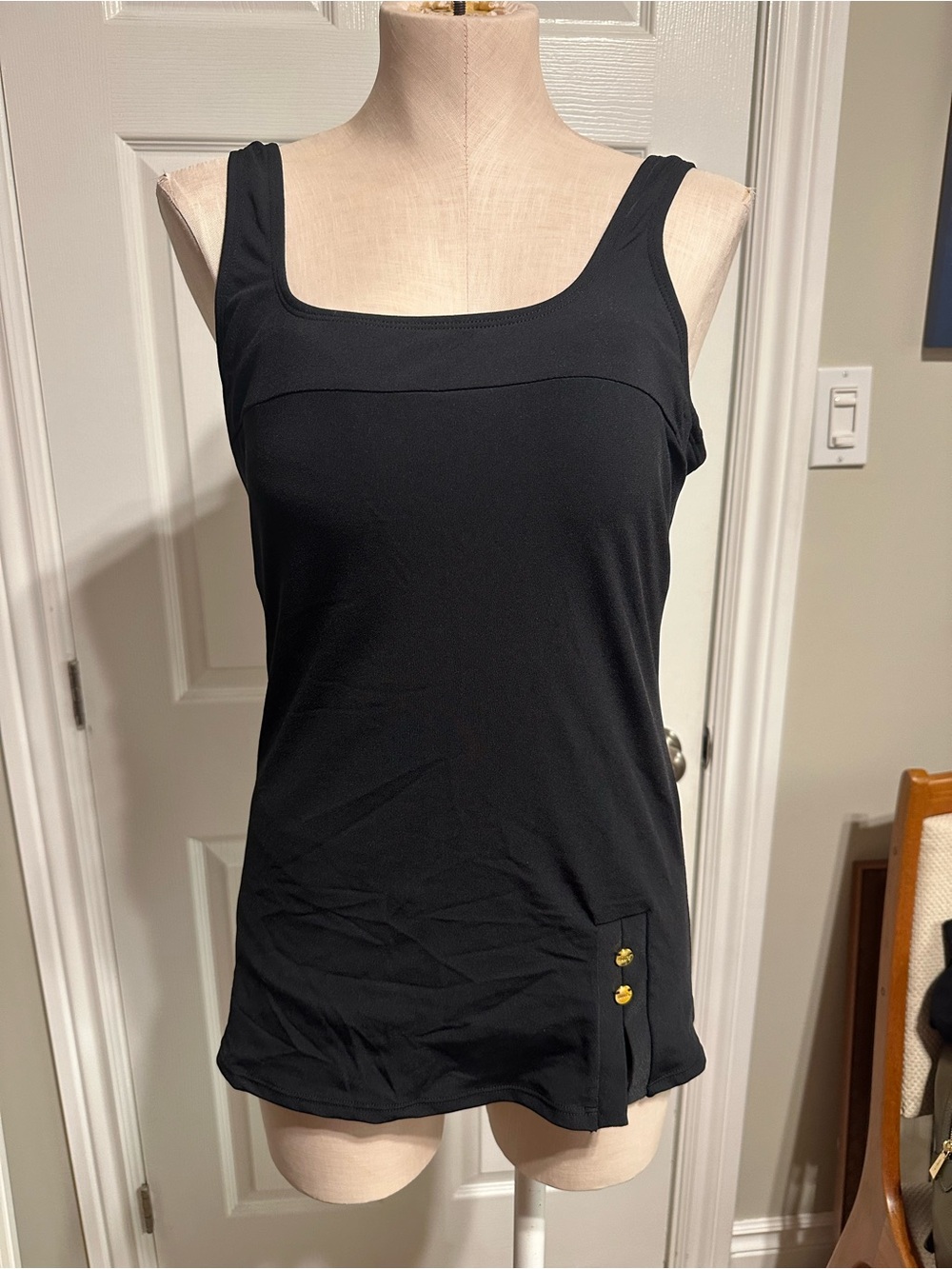 Roots Black Square-Neck One-Piece with Gold Button Detail